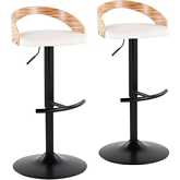 Grotto Adjustable Swivel Bar Stool in Black Metal, Zebra Wood & White Leatherette (Set of 2)